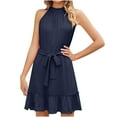thumbnail image 1 of safuny Women's Mini Loose Babydoll Dress Sundress Solid Color Crew Neck Elegant Casual Ruffle Flowy Fashion Summer Sleeveless Dress Blue XXL, 1 of 5