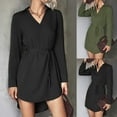 thumbnail image 1 of safuny Women's Mini Loose Dress Solid V Neck Fashion Winter Retro Elegant Leisure Drawstring Autumn Dress Holiday Long Sleeve Army Green S, 1 of 8