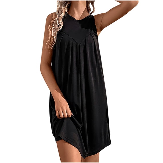 safuny Women's Mini Loose Pajamas Ruched Dress Sleepwear Sundress Solid Color Elegant Casual Tiered Fashion Clearance Summer Sleeveless Dress Round Neck Black S