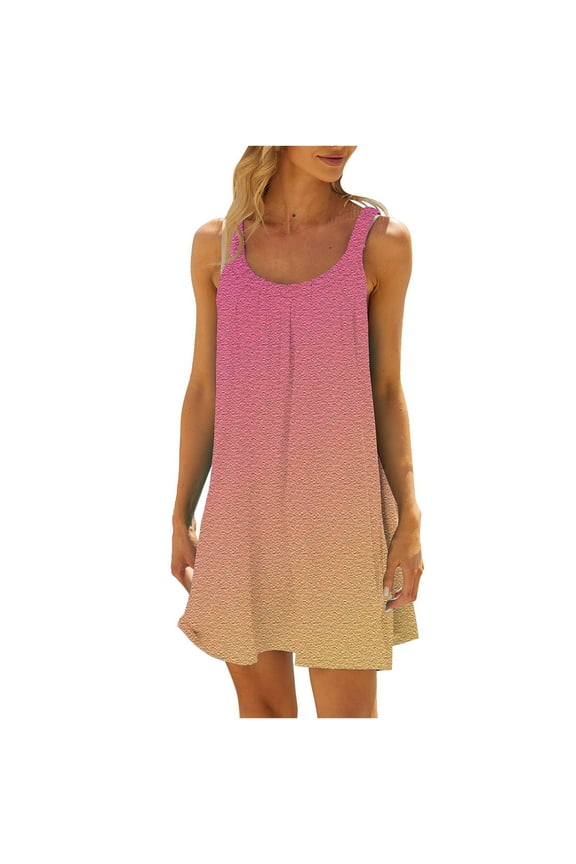 Women's Mini Loose Sundress Solid Color Clothing Holiday Sleeveless Summer Beach Scoop Neck Dress Vintage Boho Elegant Casual Pleated Multi-color M