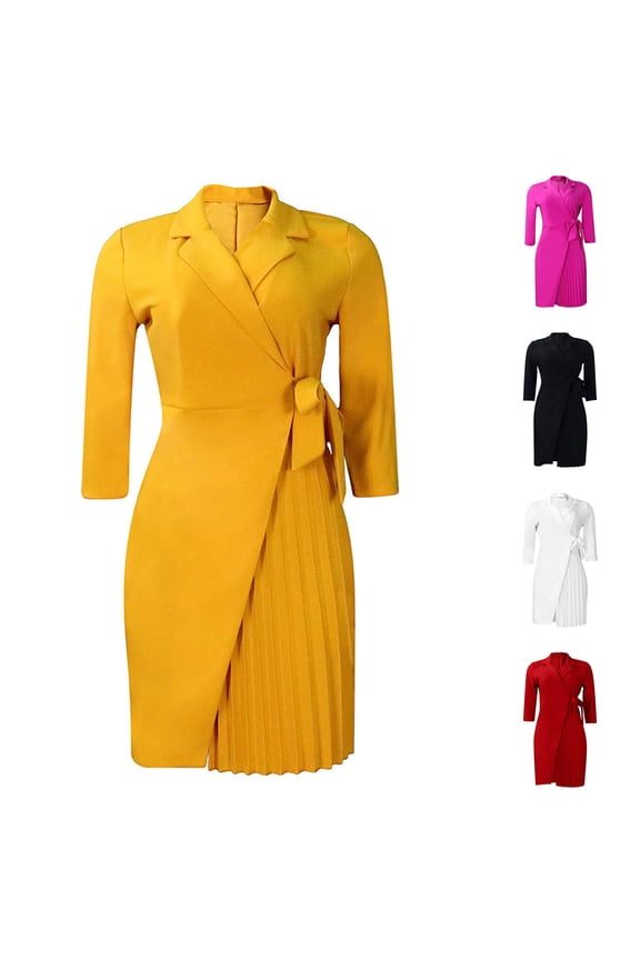 Women's Mini Suit Coat Dress Solid Color Pleated Holiday 3/4 Sleeve Lapel Button Trendy Dresses Elegant Cocktail Wedding Evening Party Black S