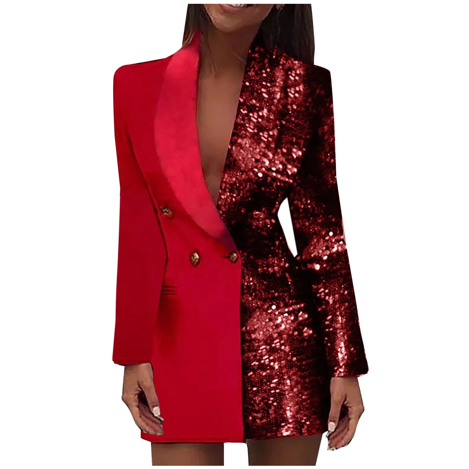 Safuny Women's Mini Suit Coat Dress Solid Sequins Shiny Holiday Trendy Dresses Long Sleeve Elegant Cocktail Wedding Evening Party Lapel Button Red