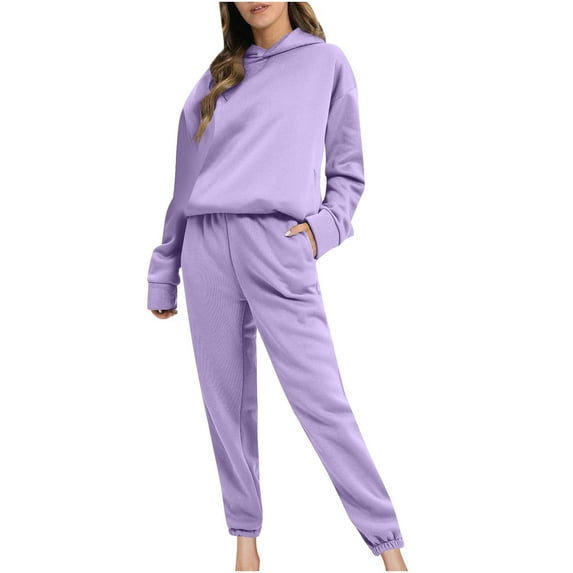 safuny Women's Outfits Sets Sweatpants Pullover Joggers Elastic High Waist Solid Color Hooded Neck Trousers with Pocketfor Women Summer Causal Multicolor XL