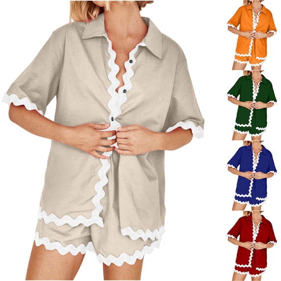 safuny Women's Pajamas Sets Loungewear Causal Patchwork Elastic High Waist Collared Neck Trousers Loose Relaxedfor Women Summer Blue L