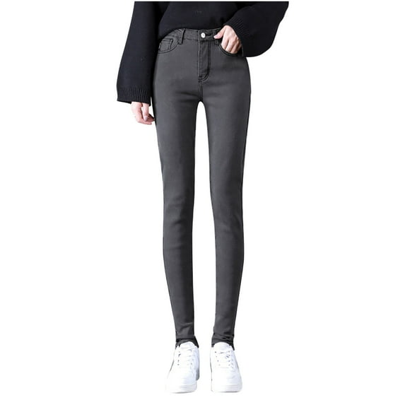 safuny Women's Pants Comfy Lounge Casual Pencil Pants for Ladies Fashion Fall Winter Long Trousers Plus Size Plus Velvet Elastic High Waist Solid Color Gray 31