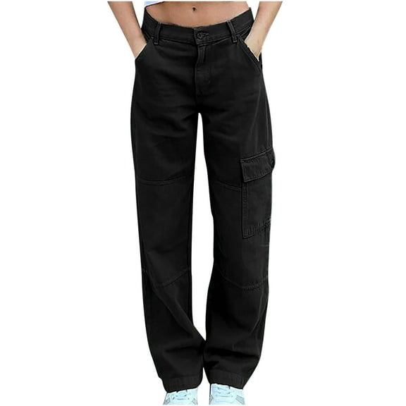 safuny Women's Pants Fashion Full Length Trousers Solid Color Cargo Pants for Lady Wife Daughter Girlfriend Comfy Lounge Casual Black M