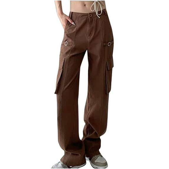 safuny Women's Pants Solid Color Comfy Lounge Casual Fashion Full Length Trousers Cargo Pants for Lady Wife Daughter Girlfriend Coffee L
