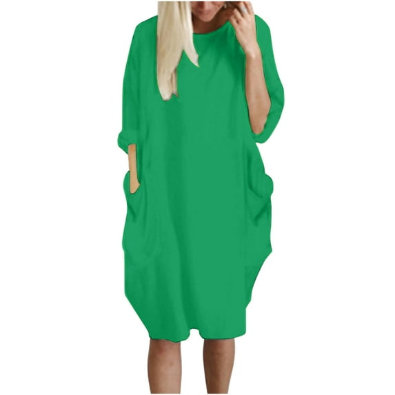 safuny Women's Plus Size Knee Length Dress Pocket Solid Winter Autumn Dress Long Sleeve Round Neck Elegant Casual Comfy Vacation Fashion Mint Green L