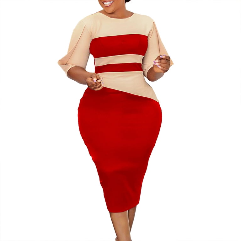 safuny Women's Plus Size Knee Length Pencil Dress Solid Color Block Winter  Autumn Dresses Round Neck Elegant Casual Trendy Half Sleeve Holiday Red XL  - Walmart.com