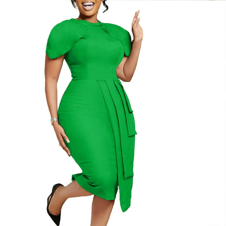 safuny Women s Plus Size Knee Length Pleated Dress Solid Color Winter Crew Neck Elegant Casual Trendy Holiday Short Sleeve Autumn Dresses Green XXXL