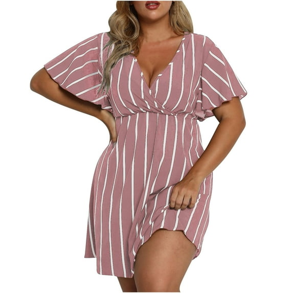 safuny Women's Plus Size Mini Loose Dress Vintage Boho Clothing Beach Short Sleeve Empire Waist Elegant Holiday Summer V Neck Sundress Pink XXL