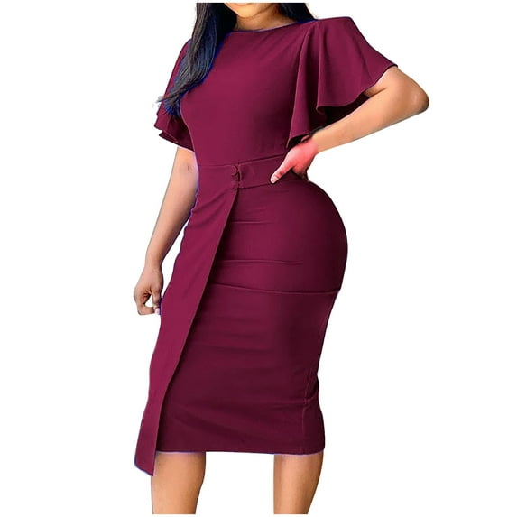 safuny Women's Plus Size Slim Knee Length Pencil Dress Solid Color Holiday Elegant Cocktail Wedding Evening Party Ruffle Sleeve Trendy Dresses Crew Neck Wine L