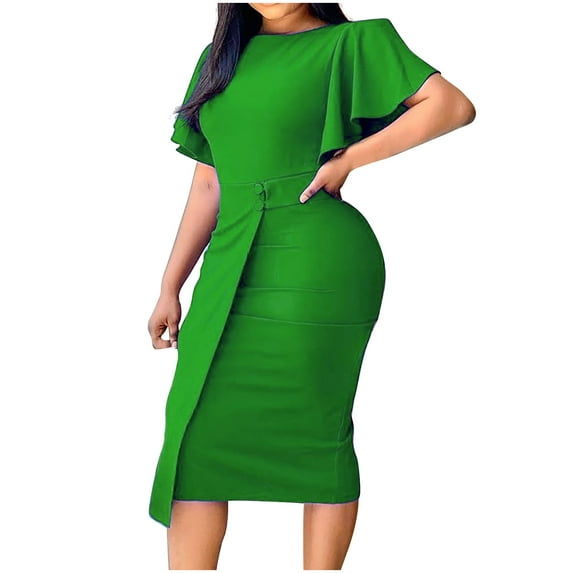 safuny Women's Plus Size Slim Knee Length Pencil Dress Solid Color Holiday Elegant Cocktail Wedding Evening Party Ruffle Sleeve Trendy Dresses Crew Neck Green S