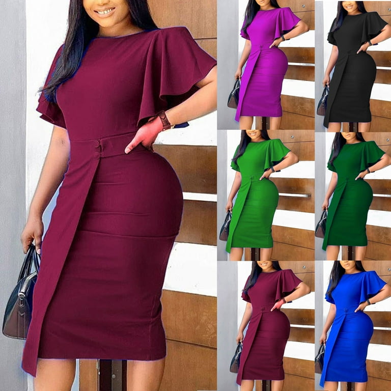 safuny Women s Plus Size Slim Knee Length Pencil Dress Solid Color Holiday Elegant Cocktail Wedding Evening Party Ruffle Sleeve Trendy Dresses Crew
