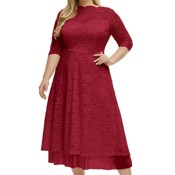 safuny Women's Plus Size Tea Length Evening Dress Floral Lace Splicing Solid Long Sleeve Autumn Dresses Trendy Crew Neck Winter Elegant Formal Cocktail Wedding Holiday Red XL