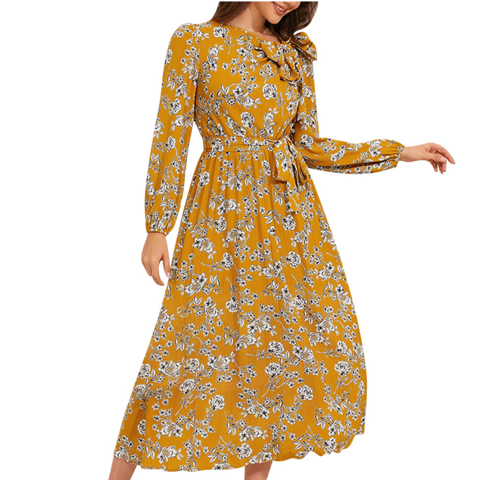 safuny Women's Plus Size Tea Length Evening Dress Floral Lace Splicing Solid Long Sleeve Autumn Dresses Trendy Crew Neck Winter Elegant Formal Cocktail Wedding Holiday Yellow L