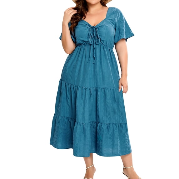 safuny Women's Plus Size Tea Length A Line Dress Daisy Floral Print Summer V Neck Dress Bandage Empire Waist Retro Boho Short Sleeve Clothing Holiday Beach Blue XXL
