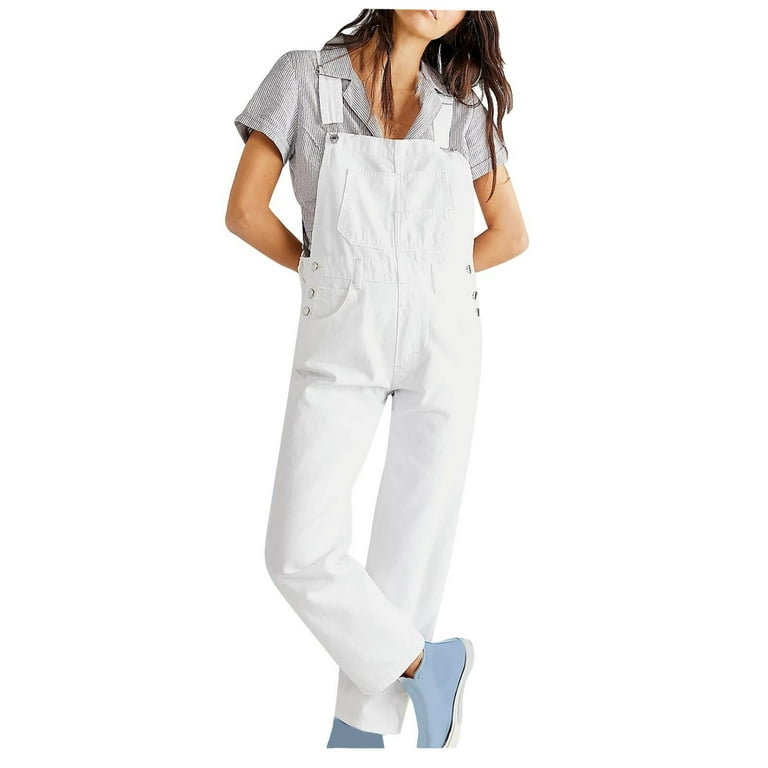 Safuny Women s Ripped Jumpsuit Overalls Jean Romper Pocket Girls Solid Color Trousers Trendy Teen Sleeveless Casual Comfy Workout Relaxed White S