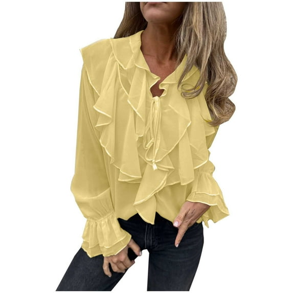safuny Women's Ruffle Chiffon Tops Long Sleeve V Neck Loose Casual Blouses Shirts Solid Color Pullover Yellow _m L