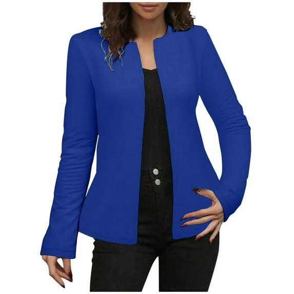 safuny Women's Ruffle Hem Cardigan Long Sleeve Hook Open Front Collar Jackets Business Casual Lightweight Coat Blue _y XXL