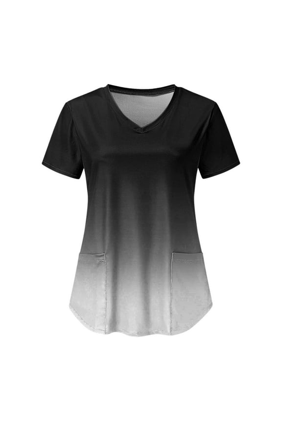 Women's Scrubs with Pocket Gradient Tees Short Sleeve Shirts V Neck Pullover Nursing Working Uniform Fit Trendy Clothing Fashion Summer Black M