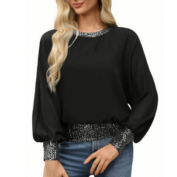 safuny Women's Sequin Crew Neck Tops Long Sleeve Blouses Shimmer Glitter Sweatshirt Party Fall Winter Shirts Black _q L