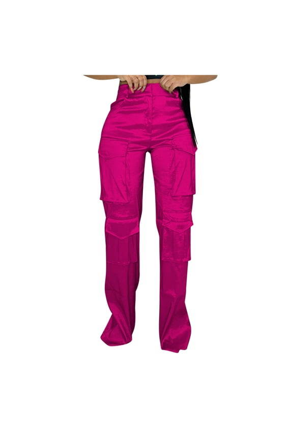 Women's Skinny Cargo Pants with Pocket Solid Summer Retro Clothing High Elastic Waist Comfy Trousers Fashion Stretch Fi Pink