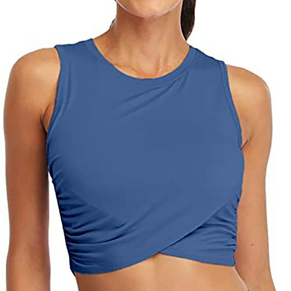 safuny Women's Slim Basic Crop Tank Tops Solid Color Retro Cami Tops Sleeveless Round Neck Sport Yoga Dance Beach Blouses Fashion Summer Blue S