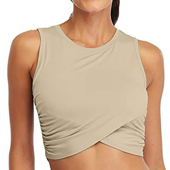 safuny Women's Slim Basic Crop Tank Tops Solid Color Retro Cami Tops Sleeveless Round Neck Sport Yoga Dance Beach Blouses Fashion Summer Khaki M