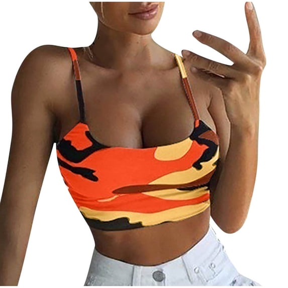 safuny Women's Slim Crop Tops Camisole Camouflage Retro Cami Tops Sleeveless Round Neck Casual Comfy Beach Blouses Fashion Summer Orange XXXXXL