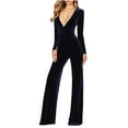thumbnail image 1 of safuny Women's Slim Elegant Velvet Jumpsuits Wide Leg Pants Teen Long Sleeve V Neck Trendy Trousers Casual Wedding Party Clearance Girls Holiday Solid Color Dark Blue S, 1 of 4
