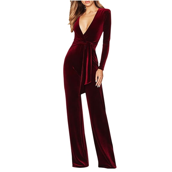 safuny Women's Slim Elegant Velvet Jumpsuits Wide Leg Pants Teen Long Sleeve V Neck Trendy Trousers Casual Wedding Party Clearance Girls Holiday Solid Color Red XL