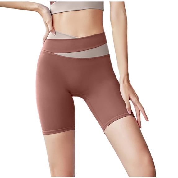 safuny Women's Slim Yoga Shorts Legging Athletic Casual Workout Running Cycling Trousers High Waisted Comfy Stretch Pants Teen Girls Fashion Color Block Holiday Coffee L