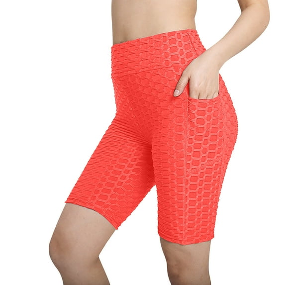 safuny Women's Slim Yoga Shorts Pocket Legging Athletic Teen Girls Summer Solid Color High Waisted Comfy Stretch Pants Casual Workout Running Sports Trousers Orange M