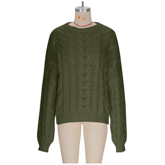 safuny Women's Solid Cable Knit Sweater Casual Long Sleeve Pullover Casual Crew Neck Knitted Tops Army Green _i S