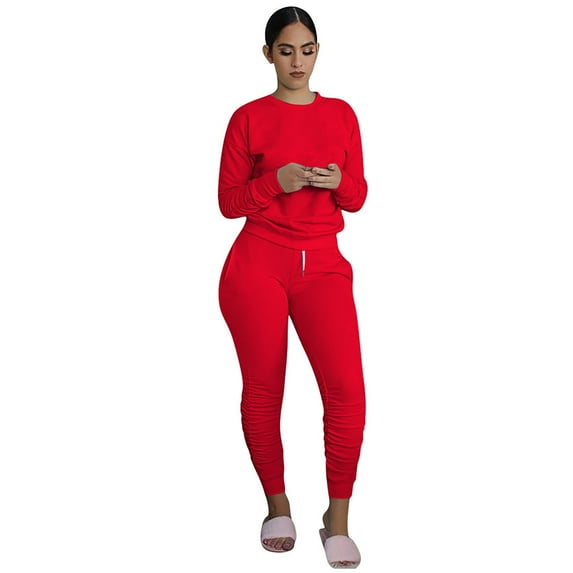 safuny Women's Sports Suit Solid Color Comfy Casual Plus Size Suit for Girlfriend Wife Daughter Dressy Crewneck Long Sleeve Red XL
