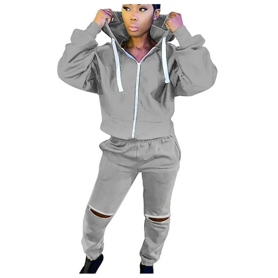 safuny Women's Sports Suit Solid Color Comfy Casual Plus Size Suit for Girlfriend Wife Daughter Dressy Hooded Neck Long Sleeve Gray L