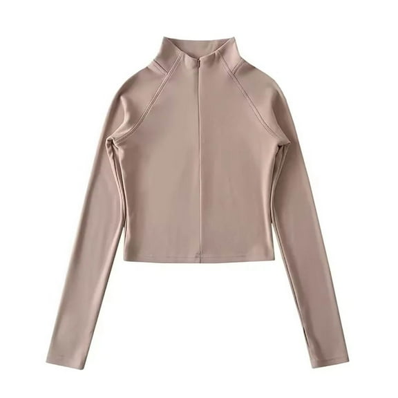 safuny Women's Stand Collar Crop Full Zip Tops Slim Lightweight Athletic Shirt with Thumb Holes Winter Warm bottoming Tops Khaki _d L