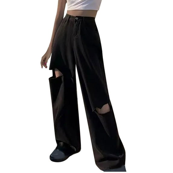 safuny Women's Straight Fashion Ripped Jean with Pocket Solid Color Hole Teen Relaxed High Waist Zipper Trousers Casual Comfy Workout Girls Trendy Black L