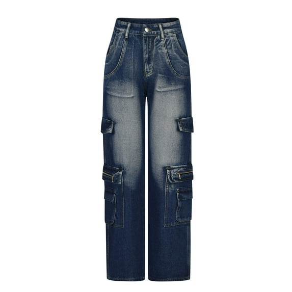 safuny Women's Straight Jeans Denim Pants Pocket Solid Color Teen Holiday Mid Waist Girls Trendy Trousers Casual Comfy Daily Blue L