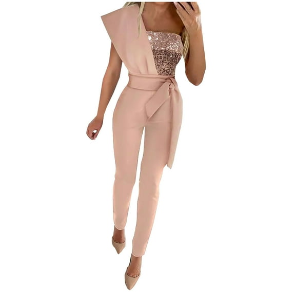 safuny Women's Straight Skinny Jumpsuit Fall Shiny Sequin Solid Girls Trousers Trendy Retro Sleeveless One Shoulder Fit Casual Bowknot Relaxed Pink S