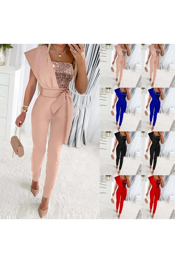Women's Straight Skinny Jumpsuit Fall Shiny Sequin Solid Girls Trousers Trendy Retro Sleeveless One Shoulder Fit Casual Bowknot Relaxed Red S
