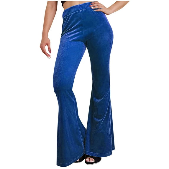 safuny Women's Straight Velour Pants Solid Clothing Comfy Trousers Leisure Loose Fashion Retro High Elastic Waist Summer Blue S