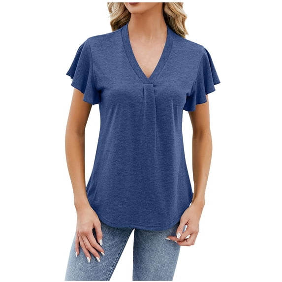 safuny Women's Summer Fashion Loose Comfy Tops Solid Tops Ruffle Sleeve Tees V Neck Shirts Elegant Casual Retro Relaxed Clothing Navy