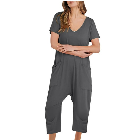 safuny Women's Summer Linend Jumpsuit Straight Leg Pants Romper Holiday Solid Color Short Sleeve Button Trendy Trousers Casual Comfy Teen Girls Gray XL
