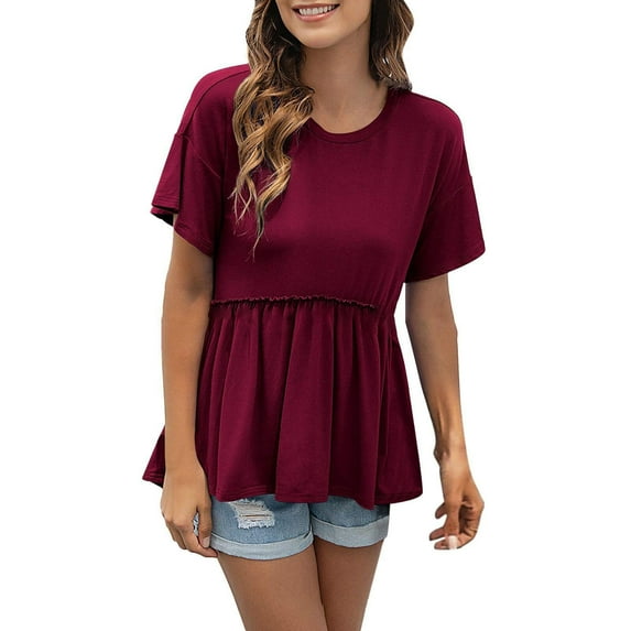 safuny Women's Summer Trendy Babydoll Tops Solid Lace Tops Short Sleeve Tees V Neck Shirts Button Leisure Vintage Clothing Fashion Red M