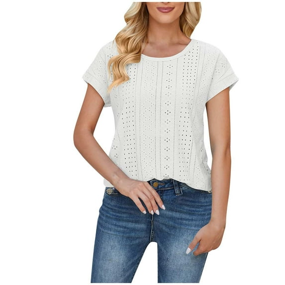 safuny Women's Summer Trendy Loose Basic Tops Solid Tops Flutter Sleeve Tees Round Neck Shirts Eyelet Elegant Vintage Clothing Fashion White XL
