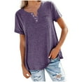 thumbnail image 1 of safuny Women's Summer Trendy Loose Basic Tops Solid Tops Short Sleeve Tees V Neck Shirts Button Leisure Vintage Clothing Fashion Purple M, 1 of 4