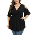 thumbnail image 1 of safuny Women's Summer Trendy Plus Size Tunic Clearance Solid Pleated Tops Cold Shoulder Sleeve Tees Square Neck Shirts Asymmetric Side Slit Vintage Clothing Fashion Black, 1 of 6