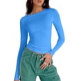 thumbnail image 1 of safuny Women's Summer Trendy Slim Tight Tops Clearance Solid Tops Long Sleeve Tees Crew Neck Shirts Leisure Comfy Vintage Clothing Fashion Blue L, 1 of 9